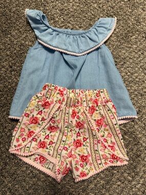 wonder nation Blue Top with Pink Floral Shorts Set